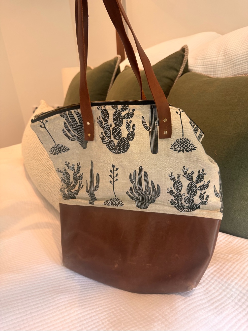 Canvas & Leather Cactus Tote Bag - Brown